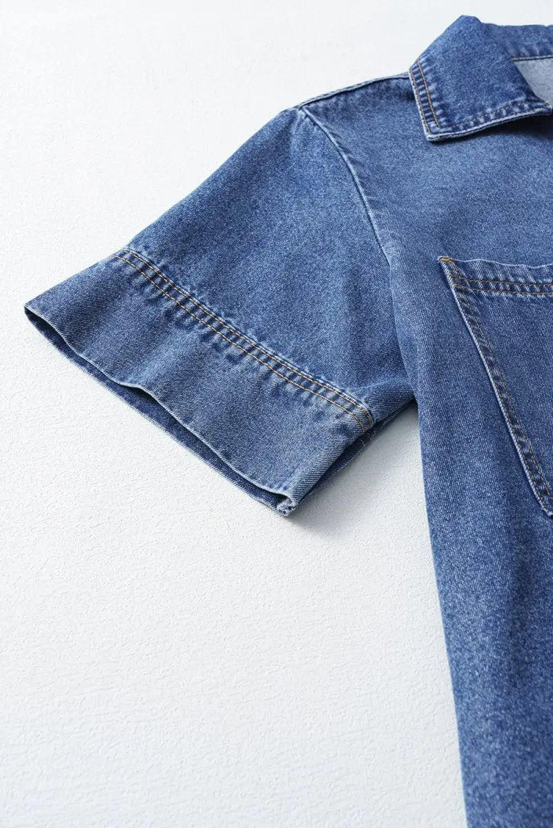 Blue Short Sleeve Collared Patched Pocket Denim Mini Dress - Love Salve